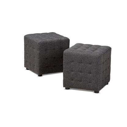 Dark Grey Fabric Upholstered Tufted Cube Ottoman Set of 2