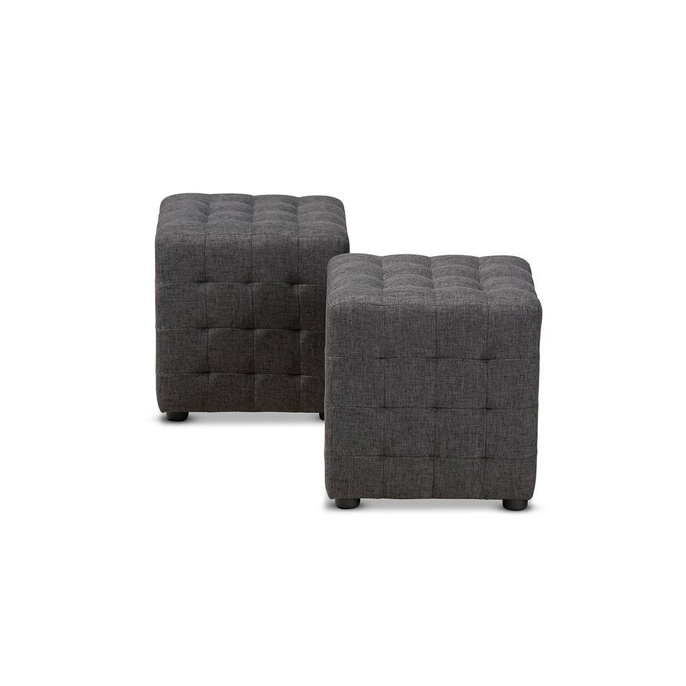 Dark Grey Fabric Upholstered Tufted Cube Ottoman Set of 2