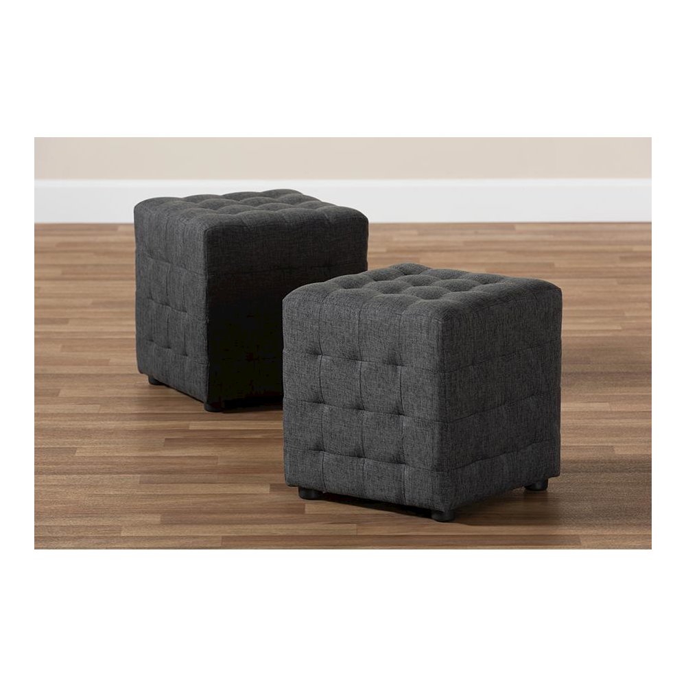 Dark Grey Fabric Upholstered Tufted Cube Ottoman Set of 2