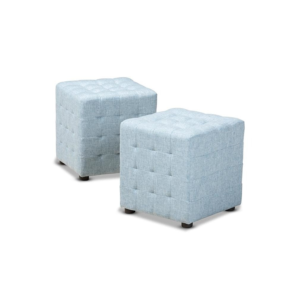 Light Blue Fabric Upholstered Tufted Cube Ottoman Set of 2