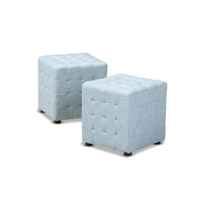 Light Blue Fabric Upholstered Tufted Cube Ottoman Set of 2