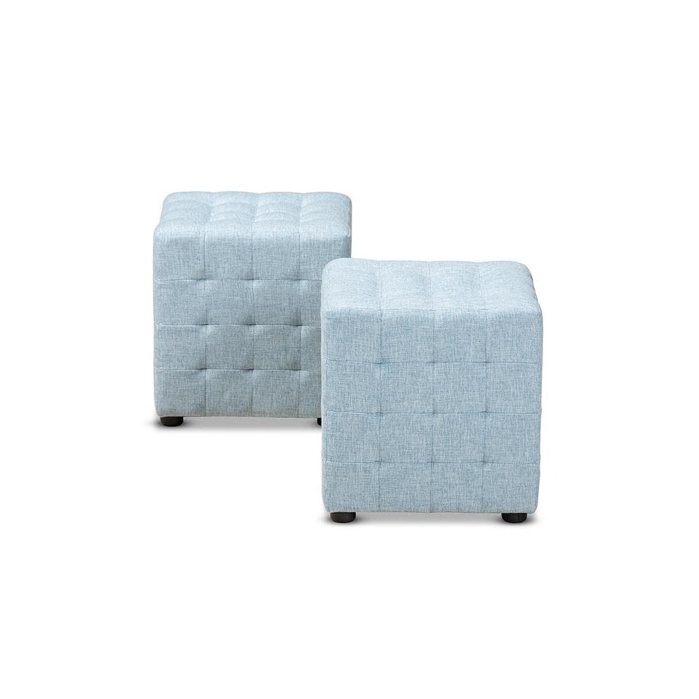 Light Blue Fabric Upholstered Tufted Cube Ottoman Set of 2