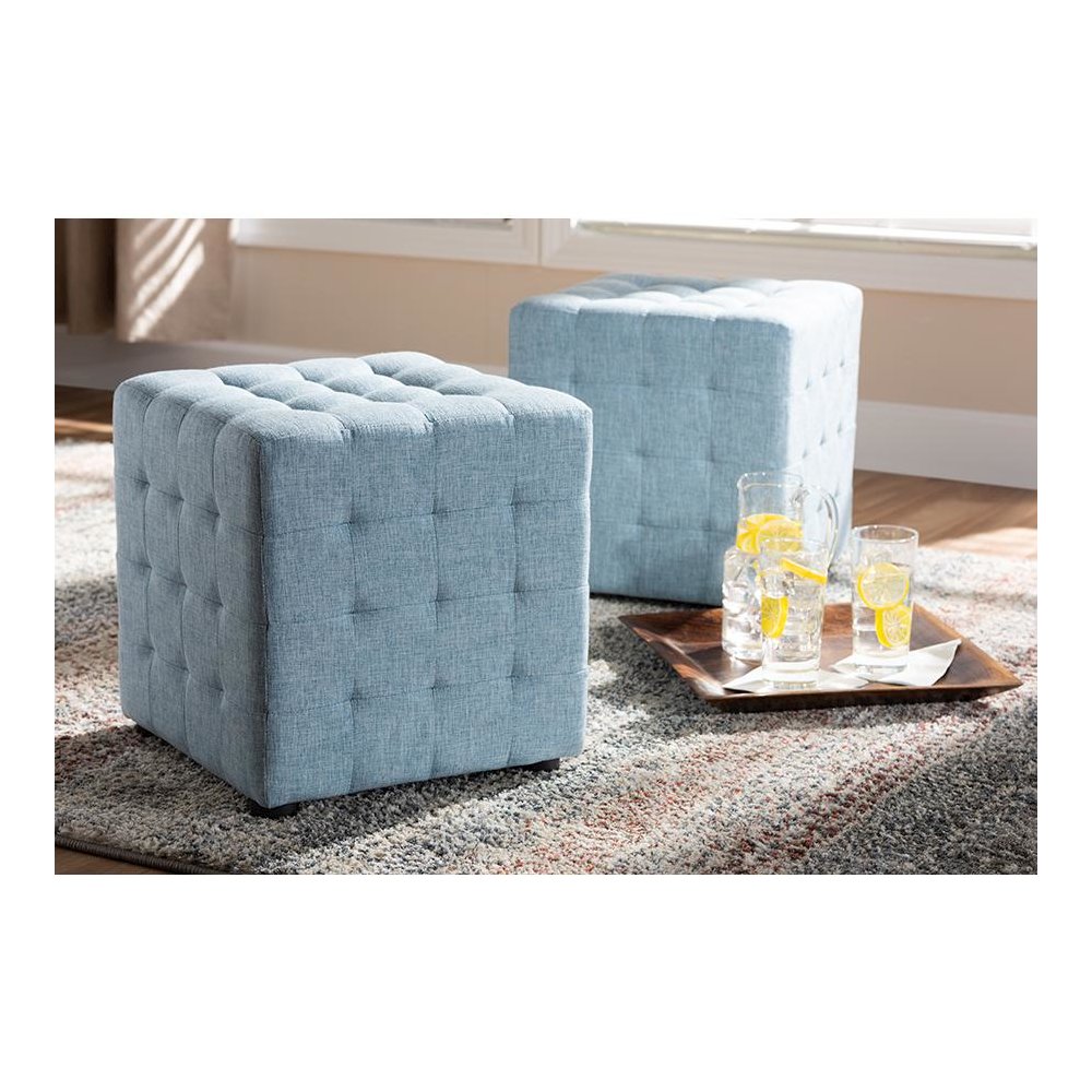 Light Blue Fabric Upholstered Tufted Cube Ottoman Set of 2
