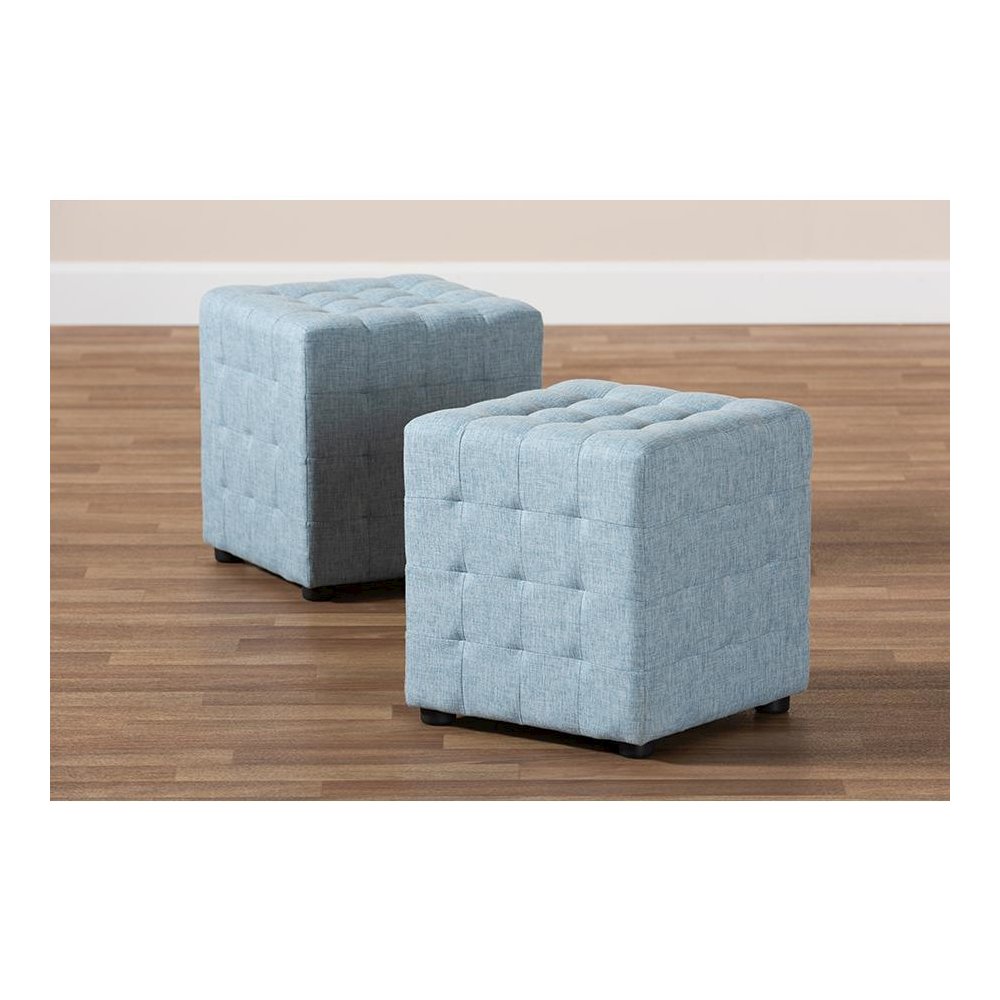 Light Blue Fabric Upholstered Tufted Cube Ottoman Set of 2