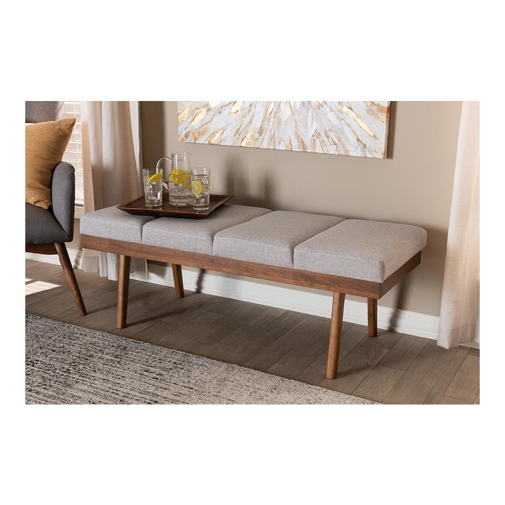 Larisa Mid-Century Modern Grayish Beige Fabric Upholstered Wood Bench