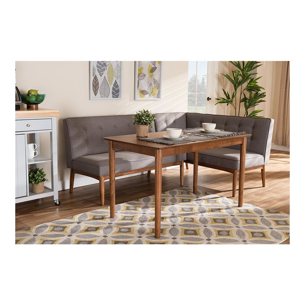 Arvid Mid-Century Modern Gray Fabric Upholstered 3-Piece Wood Dining Nook Set