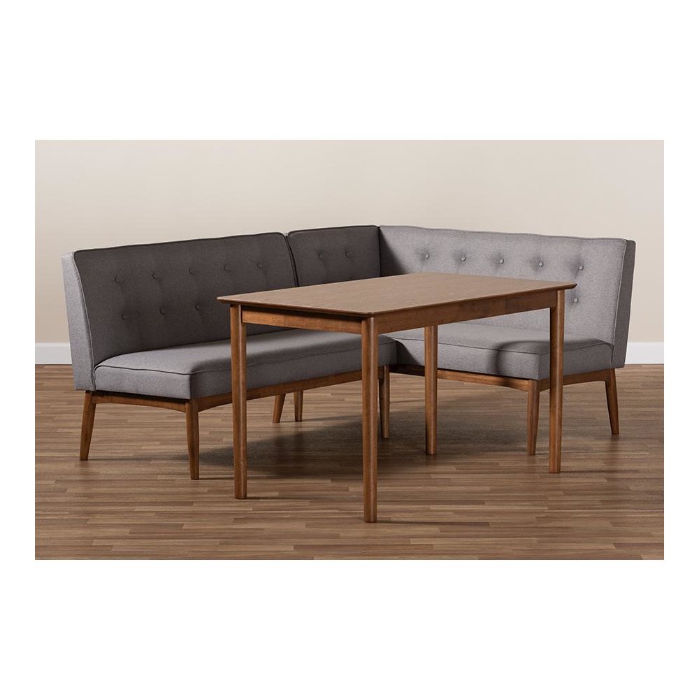 Arvid Mid-Century Modern Gray Fabric Upholstered 3-Piece Wood Dining Nook Set