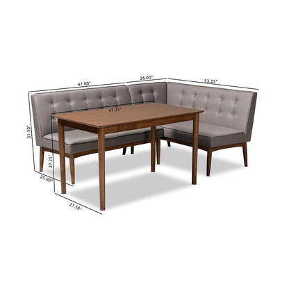 Arvid Mid-Century Modern Gray Fabric Upholstered 3-Piece Wood Dining Nook Set