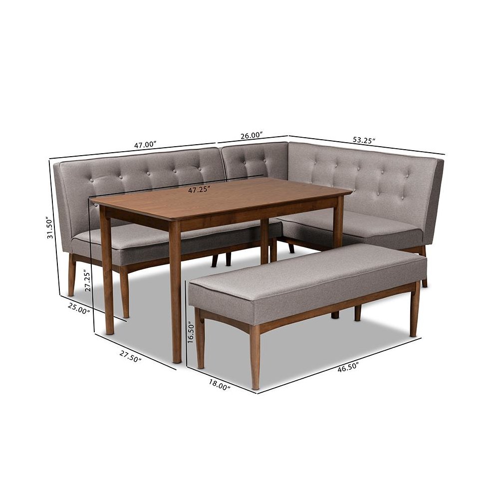 Arvid Mid-Century Modern Gray Fabric Upholstered 4-Piece Wood Dining Nook Set