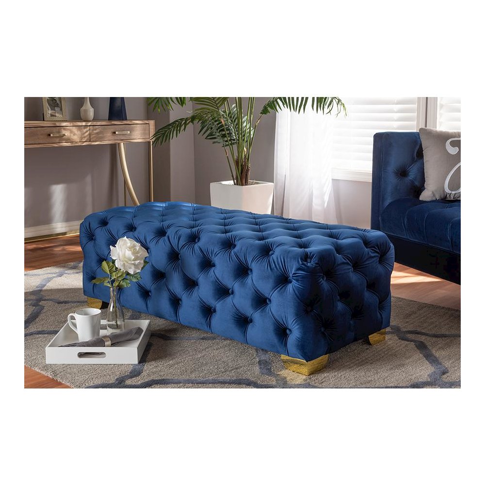 Gold Finished Button Tufted Bench Ottoman