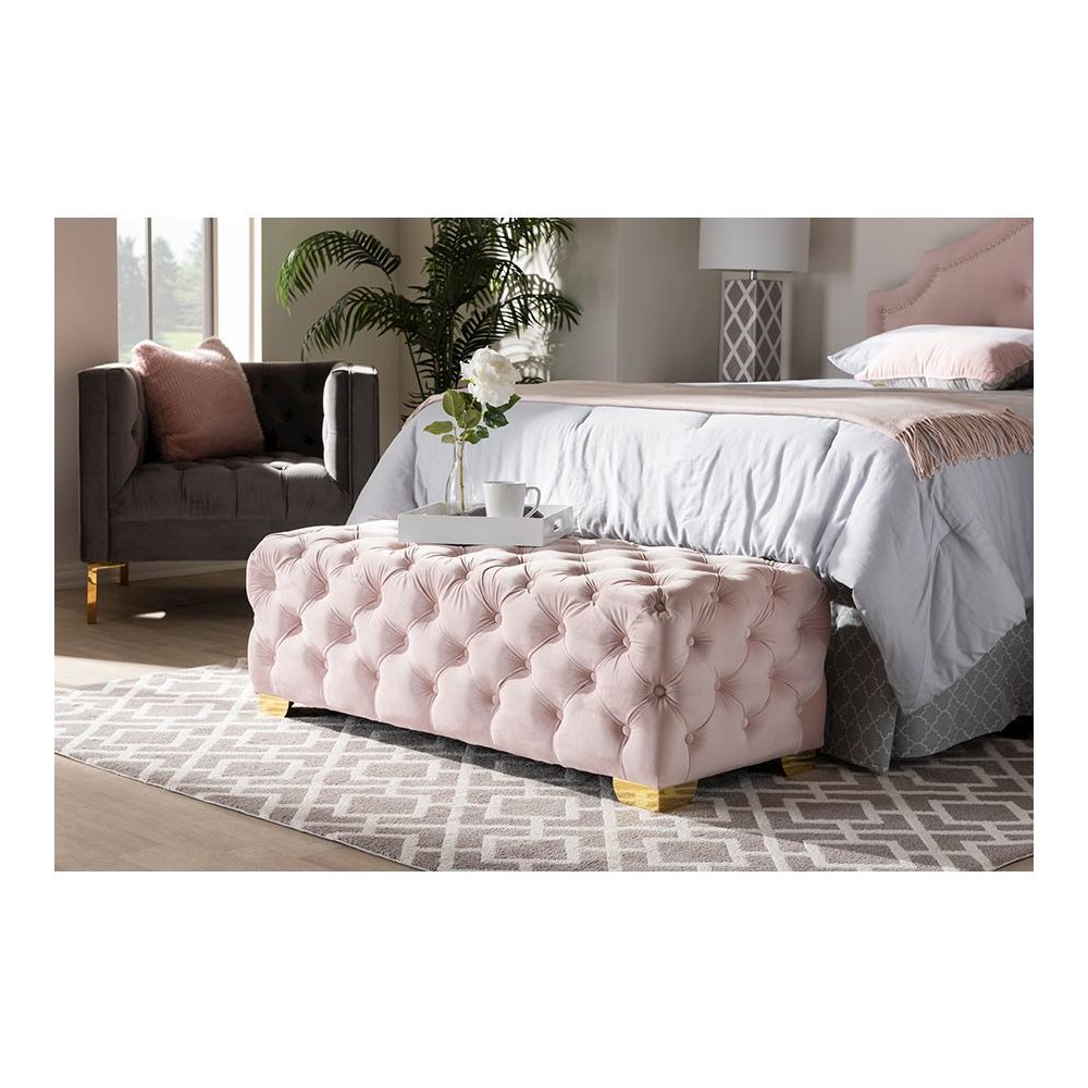 Gold Finished Button Tufted Bench Ottoman