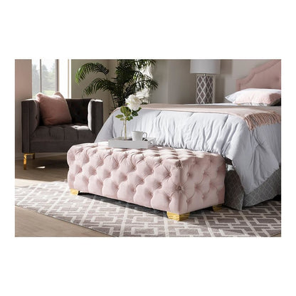 Gold Finished Button Tufted Bench Ottoman