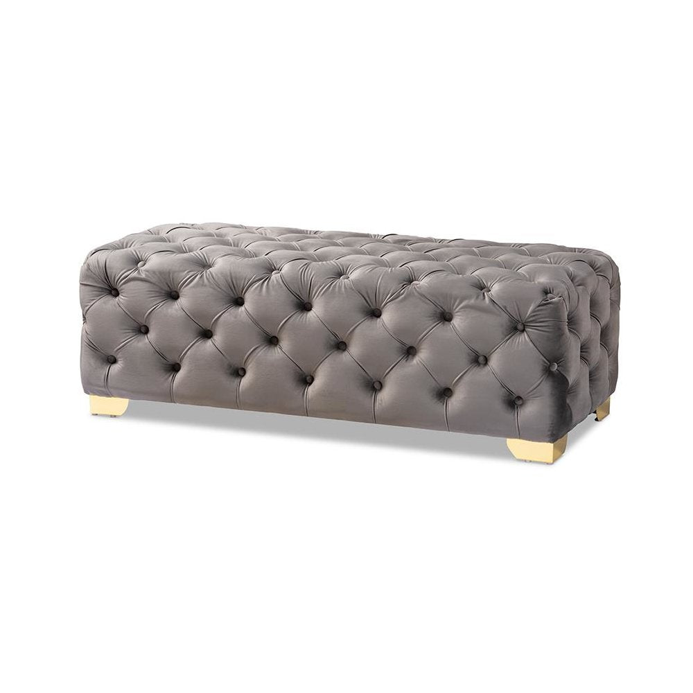 Luxe Gray Velvet Fabric Upholstered Gold Finished Button Tufted Bench Ottoman
