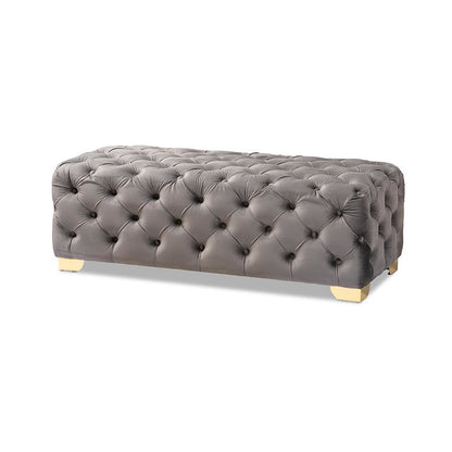 Luxe Gray Velvet Fabric Upholstered Gold Finished Button Tufted Bench Ottoman