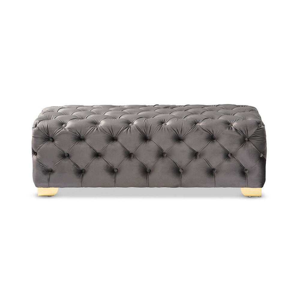 Luxe Gray Velvet Fabric Upholstered Gold Finished Button Tufted Bench Ottoman