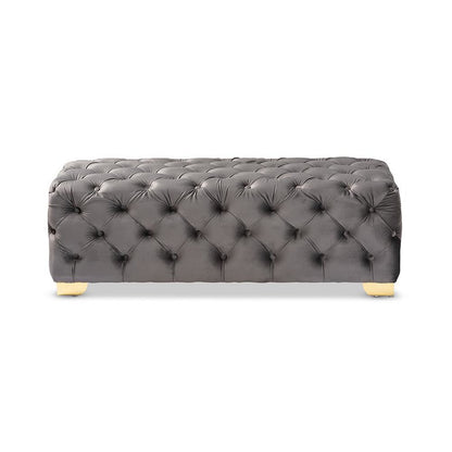 Luxe Gray Velvet Fabric Upholstered Gold Finished Button Tufted Bench Ottoman