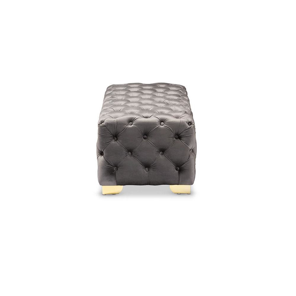 Luxe Gray Velvet Fabric Upholstered Gold Finished Button Tufted Bench Ottoman