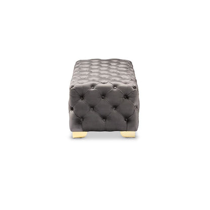 Luxe Gray Velvet Fabric Upholstered Gold Finished Button Tufted Bench Ottoman