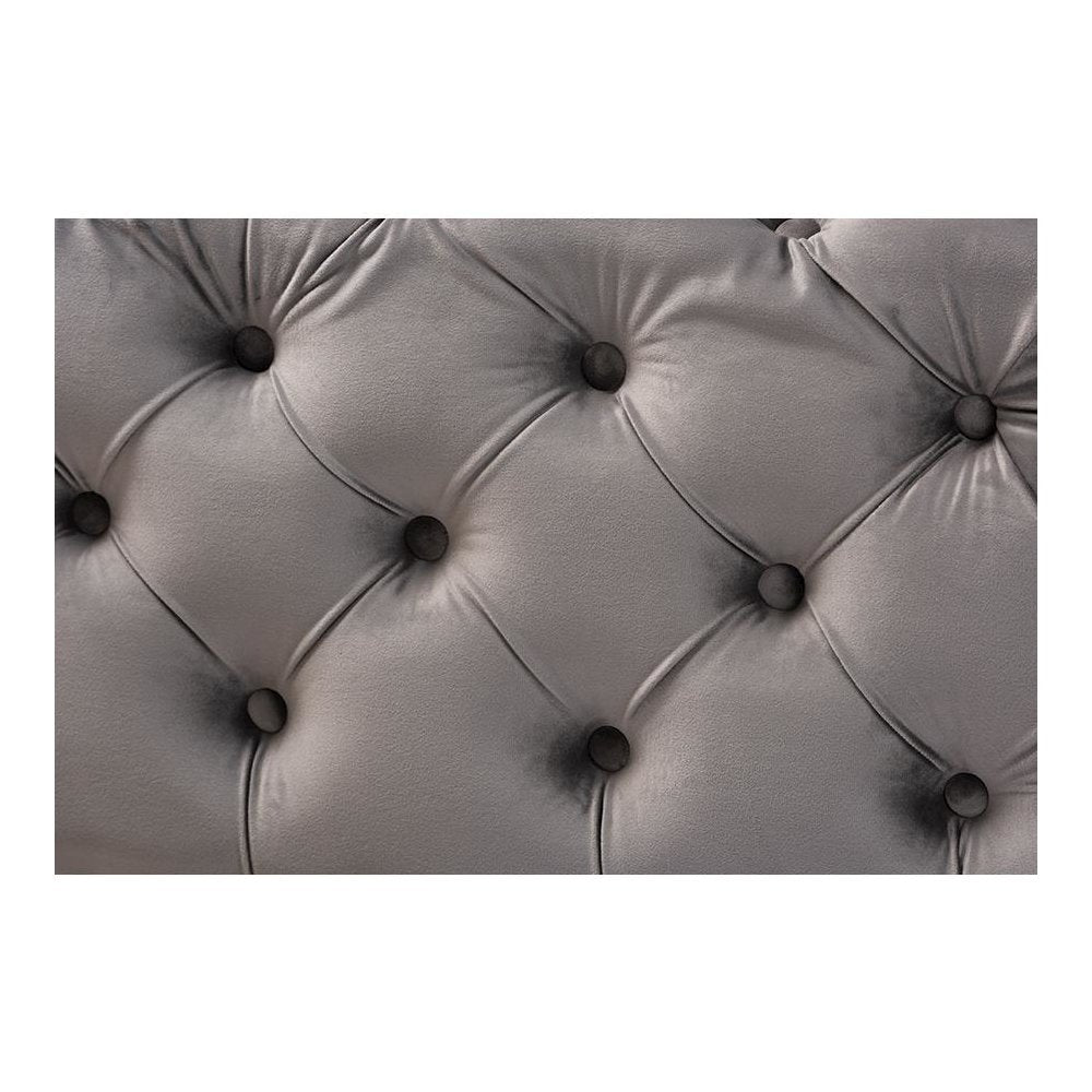 Luxe Gray Velvet Fabric Upholstered Gold Finished Button Tufted Bench Ottoman