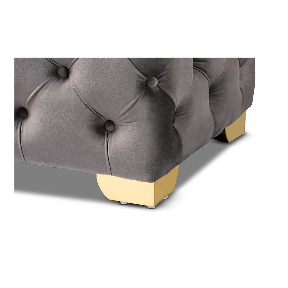 Luxe Gray Velvet Fabric Upholstered Gold Finished Button Tufted Bench Ottoman