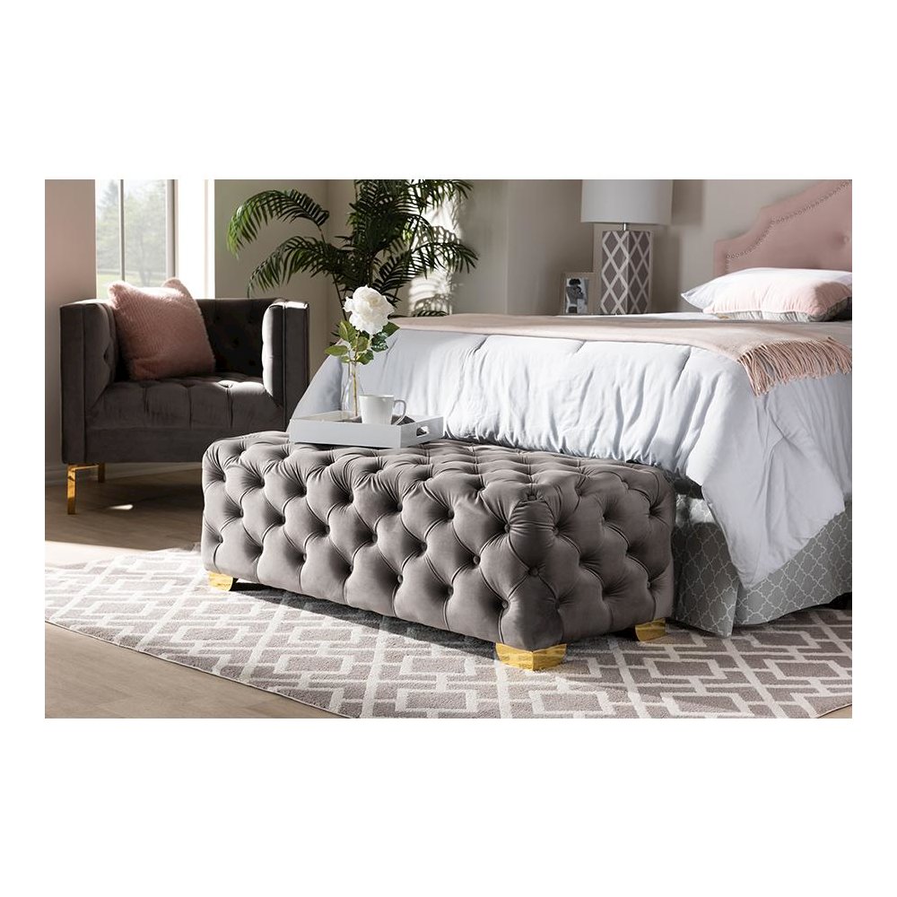 Luxe Gray Velvet Fabric Upholstered Gold Finished Button Tufted Bench Ottoman