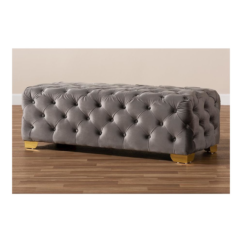 Luxe Gray Velvet Fabric Upholstered Gold Finished Button Tufted Bench Ottoman