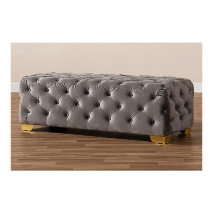 Luxe Gray Velvet Fabric Upholstered Gold Finished Button Tufted Bench Ottoman