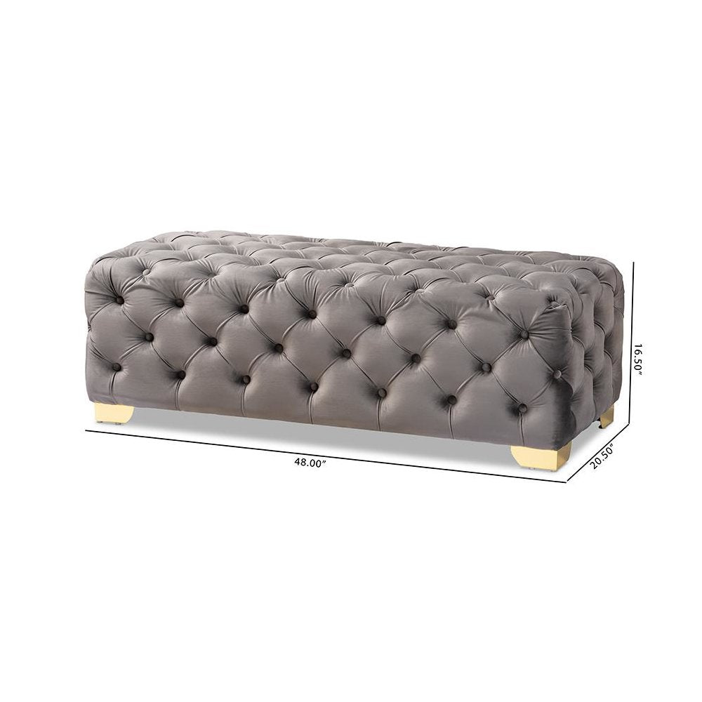 Luxe Gray Velvet Fabric Upholstered Gold Finished Button Tufted Bench Ottoman
