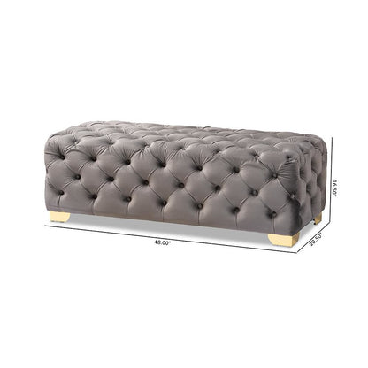 Luxe Gray Velvet Fabric Upholstered Gold Finished Button Tufted Bench Ottoman