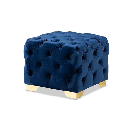 Luxe Royal Blue Velvet Fabric Upholstered Gold Finished Button Tufted Ottoman