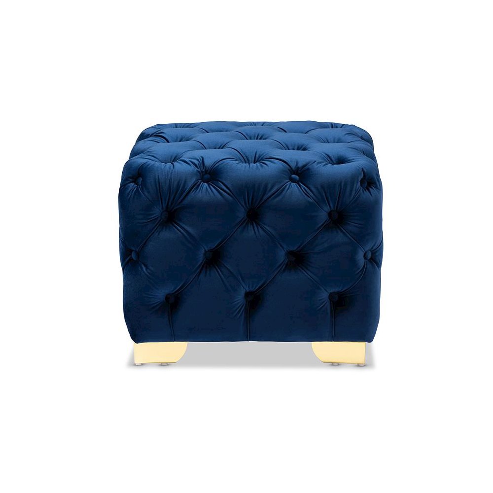 Luxe Royal Blue Velvet Fabric Upholstered Gold Finished Button Tufted Ottoman