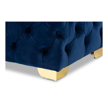 Luxe Royal Blue Velvet Fabric Upholstered Gold Finished Button Tufted Ottoman