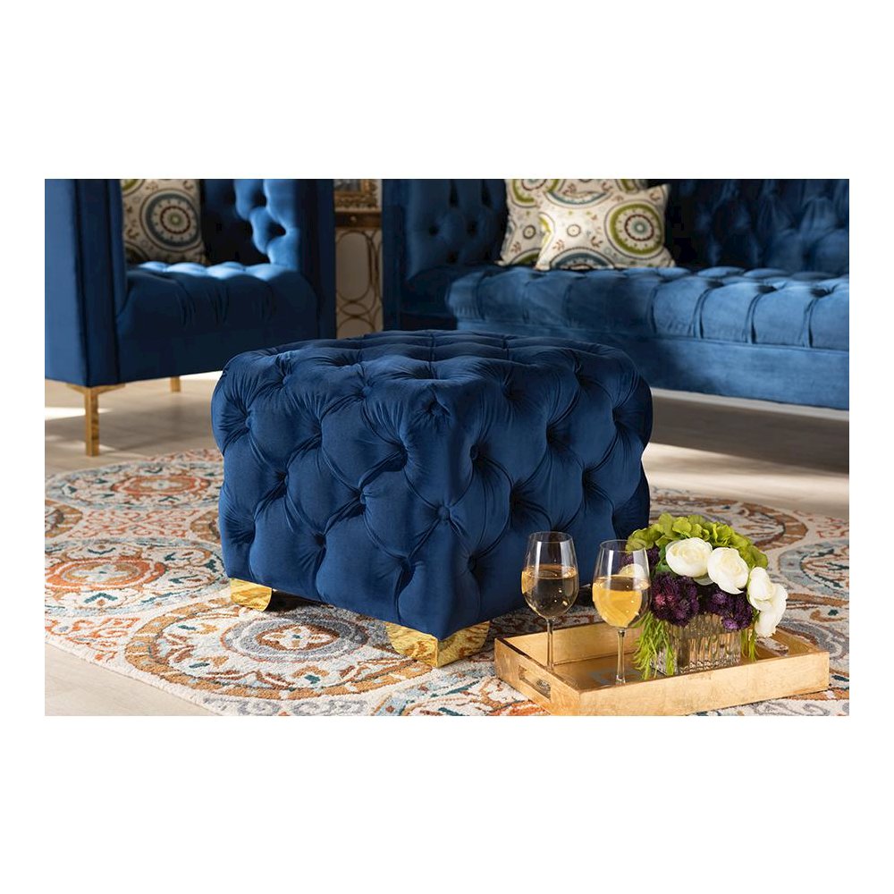 Luxe Royal Blue Velvet Fabric Upholstered Gold Finished Button Tufted Ottoman