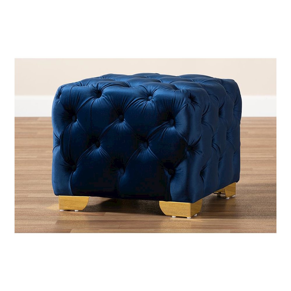 Luxe Royal Blue Velvet Fabric Upholstered Gold Finished Button Tufted Ottoman