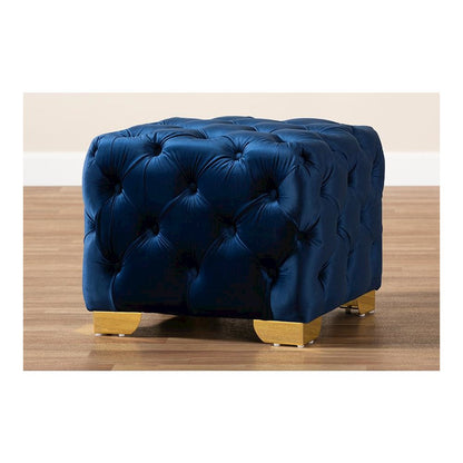 Luxe Royal Blue Velvet Fabric Upholstered Gold Finished Button Tufted Ottoman