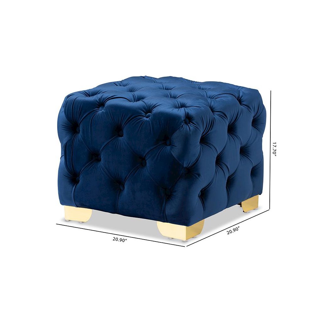 Luxe Royal Blue Velvet Fabric Upholstered Gold Finished Button Tufted Ottoman