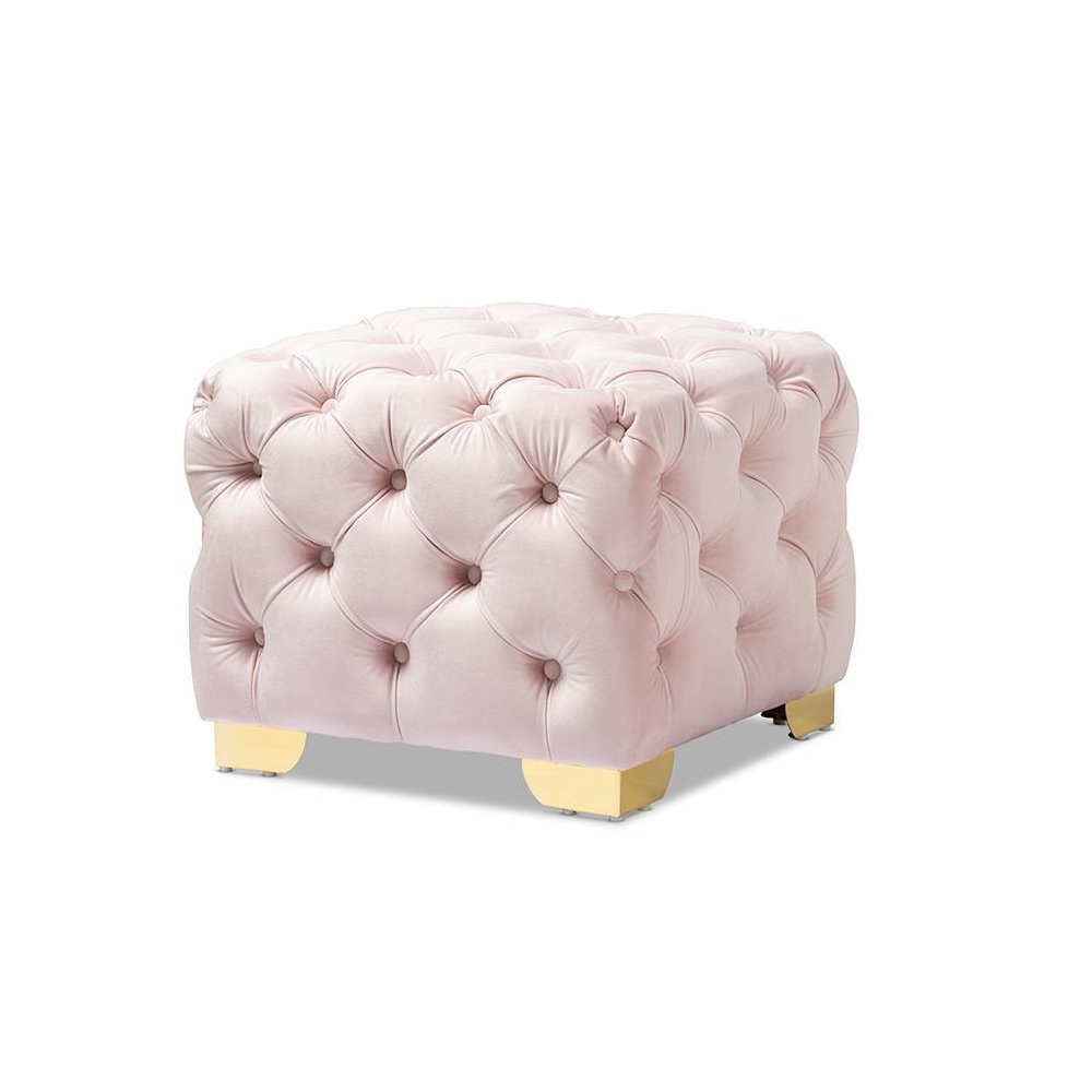 Luxe Light Pink Velvet Fabric Upholstered Gold Finished Button Tufted Ottoman