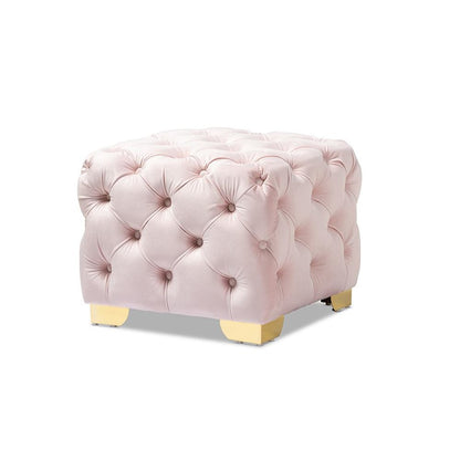 Luxe Light Pink Velvet Fabric Upholstered Gold Finished Button Tufted Ottoman