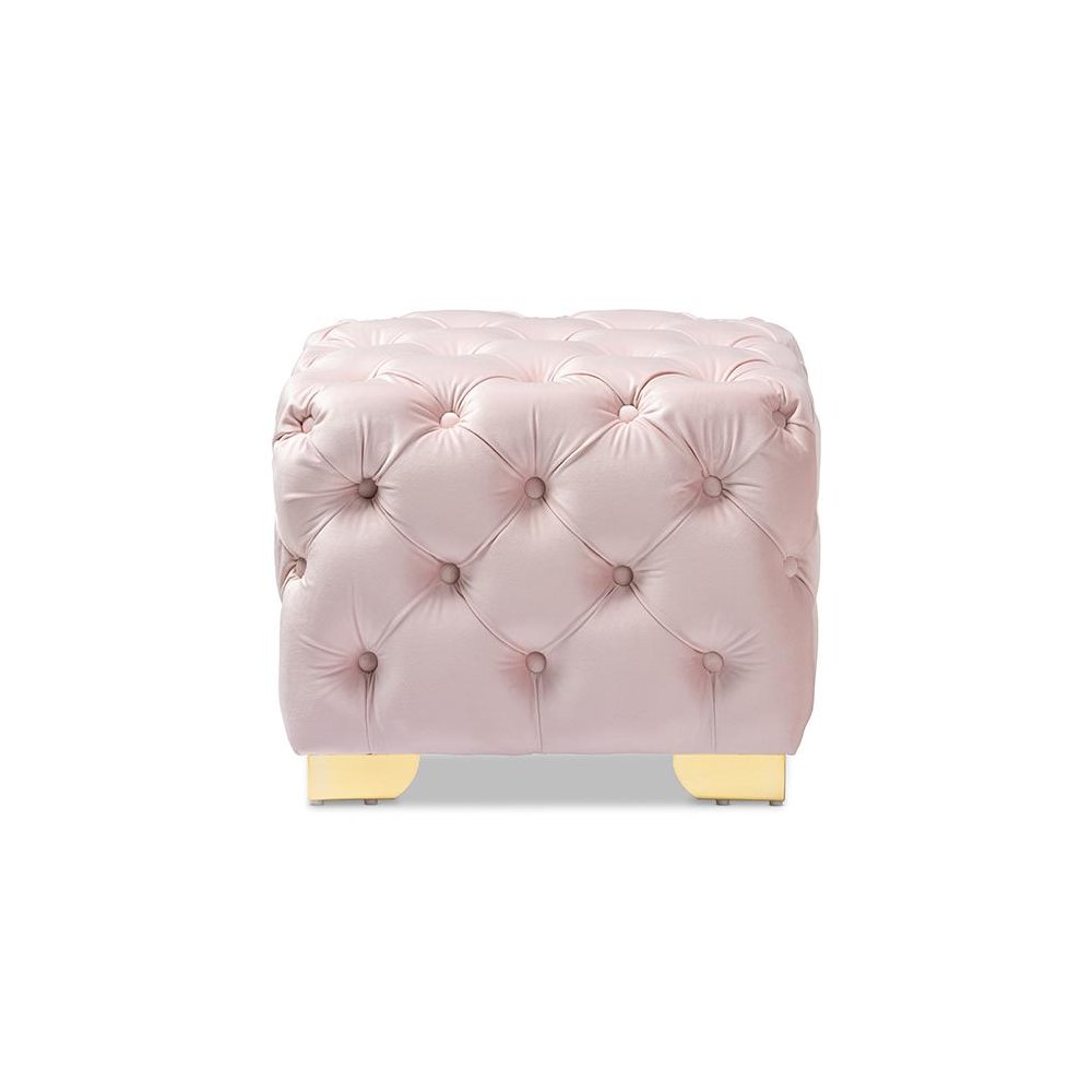 Luxe Light Pink Velvet Fabric Upholstered Gold Finished Button Tufted Ottoman