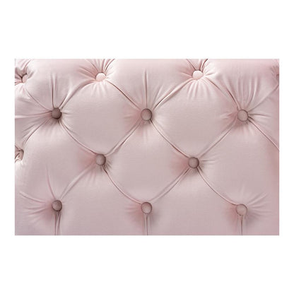 Luxe Light Pink Velvet Fabric Upholstered Gold Finished Button Tufted Ottoman