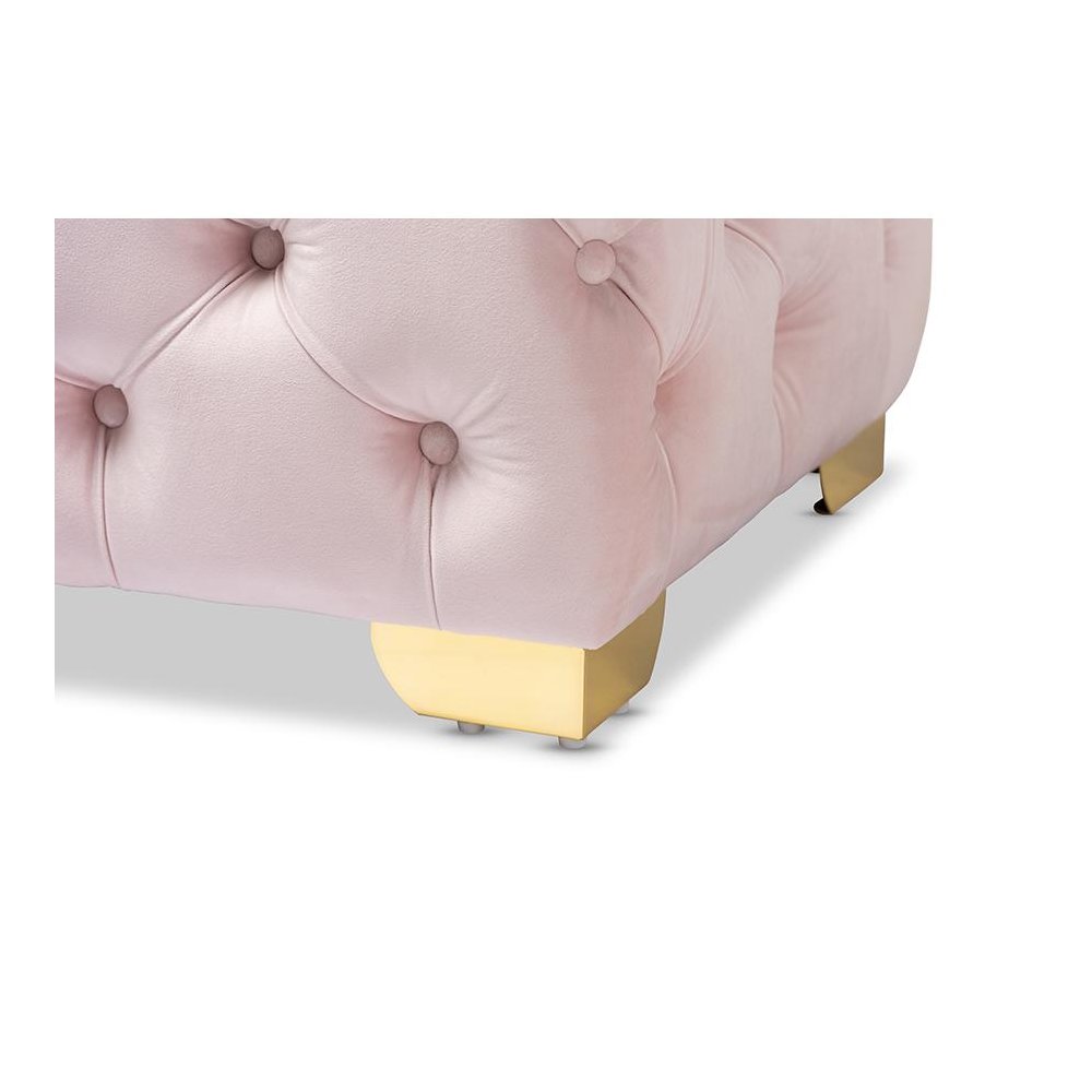 Luxe Light Pink Velvet Fabric Upholstered Gold Finished Button Tufted Ottoman
