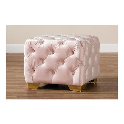 Luxe Light Pink Velvet Fabric Upholstered Gold Finished Button Tufted Ottoman