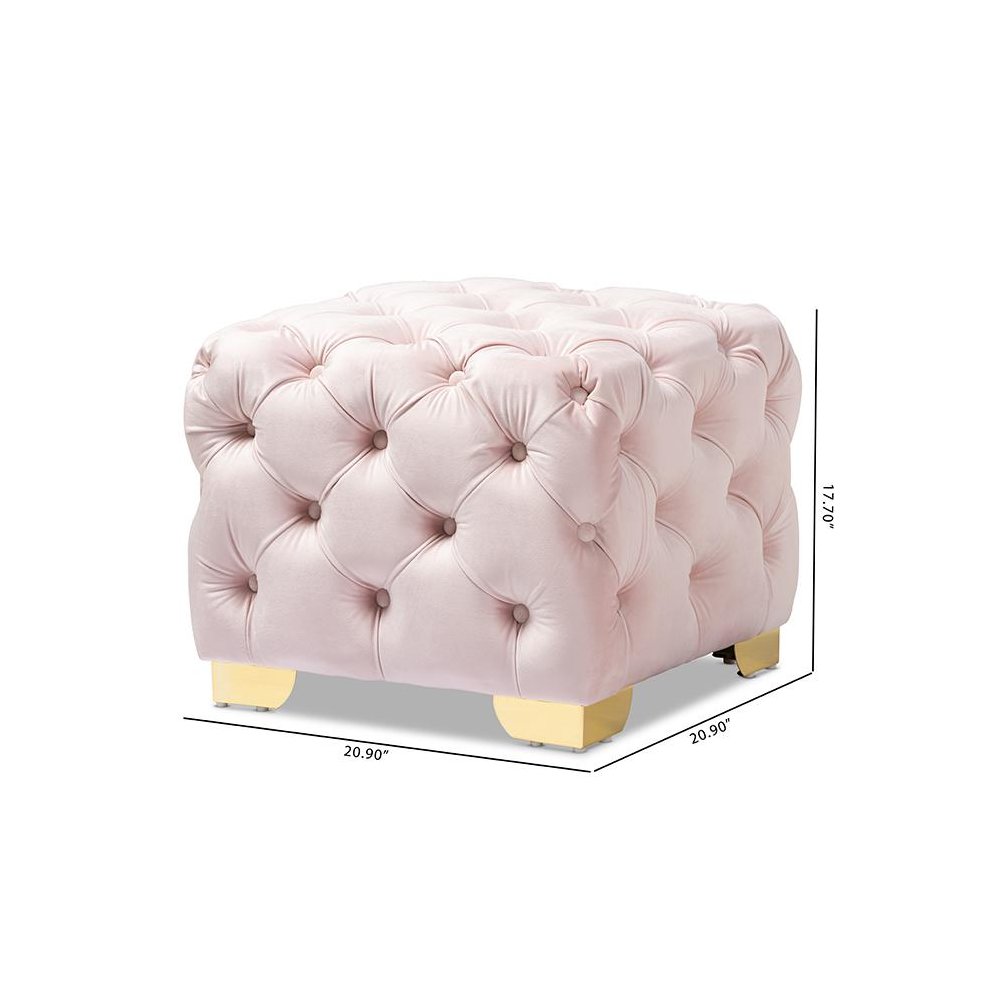 Luxe Light Pink Velvet Fabric Upholstered Gold Finished Button Tufted Ottoman