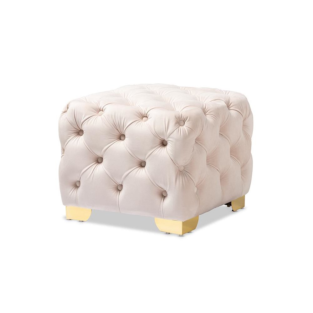 Luxe Light Beige Velvet Fabric Upholstered Gold Finished Button Tufted Ottoman