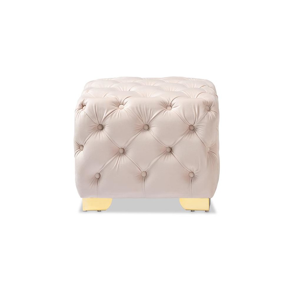 Luxe Light Beige Velvet Fabric Upholstered Gold Finished Button Tufted Ottoman