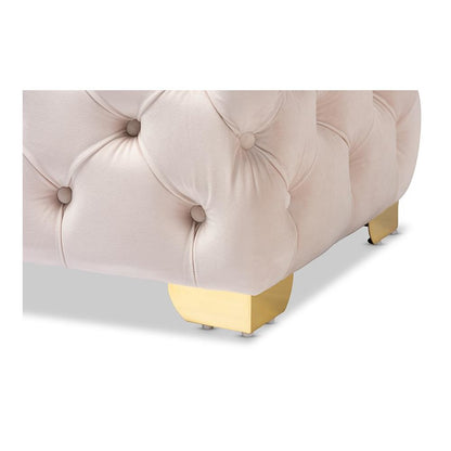Luxe Light Beige Velvet Fabric Upholstered Gold Finished Button Tufted Ottoman