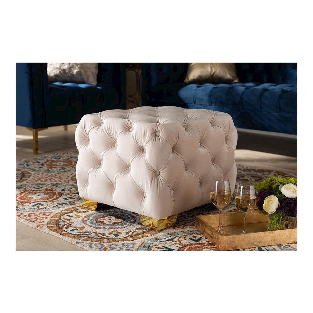 Luxe Light Beige Velvet Fabric Upholstered Gold Finished Button Tufted Ottoman