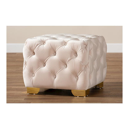 Luxe Light Beige Velvet Fabric Upholstered Gold Finished Button Tufted Ottoman