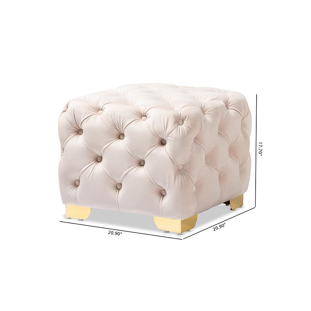 Luxe Light Beige Velvet Fabric Upholstered Gold Finished Button Tufted Ottoman