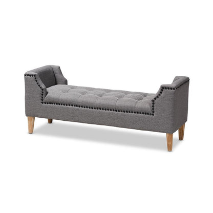 Gray Linen Fabric Upholstered Oak Brown Finished Wood Bench